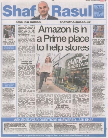 A newspaper column layout featuring the headline “Amazon is in a prime place to help stores,” with sections on Amazon’s impact, the mental health benefits of running, a humorous piece on stone skimming, and a serious reflection on job losses at SRUC.