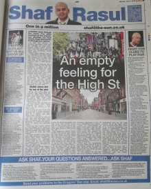 Full-page newspaper column layout with sections: main article on the decline of the high street during the coronavirus lockdown, a sidebar on Scottish football wage cuts, a weep section about the North Sea helicopter crash memorial, and a laugh section about an Elvis tribute from a balcony.