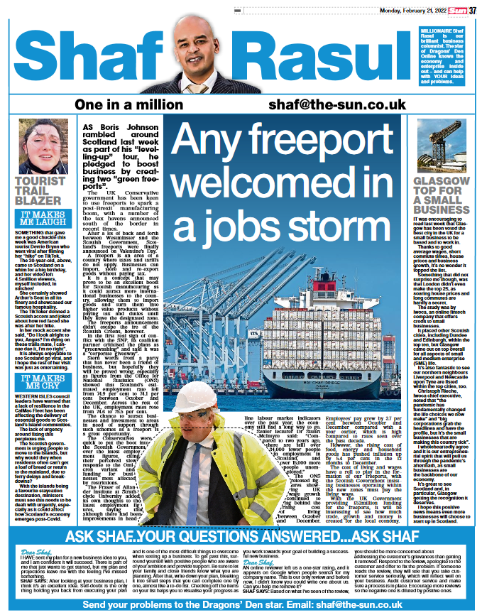 Full-page newspaper scan of Shaf Rasul’s Scottish Sun column with main article on freeports, a sidebar on Glasgow’s small business ranking, a humorous TikTok anecdote, and concern over island ferry issues.