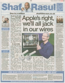 A newspaper scan featuring Shaf Rasul’s column titled “Apple’s Right: We’ll All Jack in Our Wires,” discussing the iPhone 7 headphone jack removal and consumer reactions.