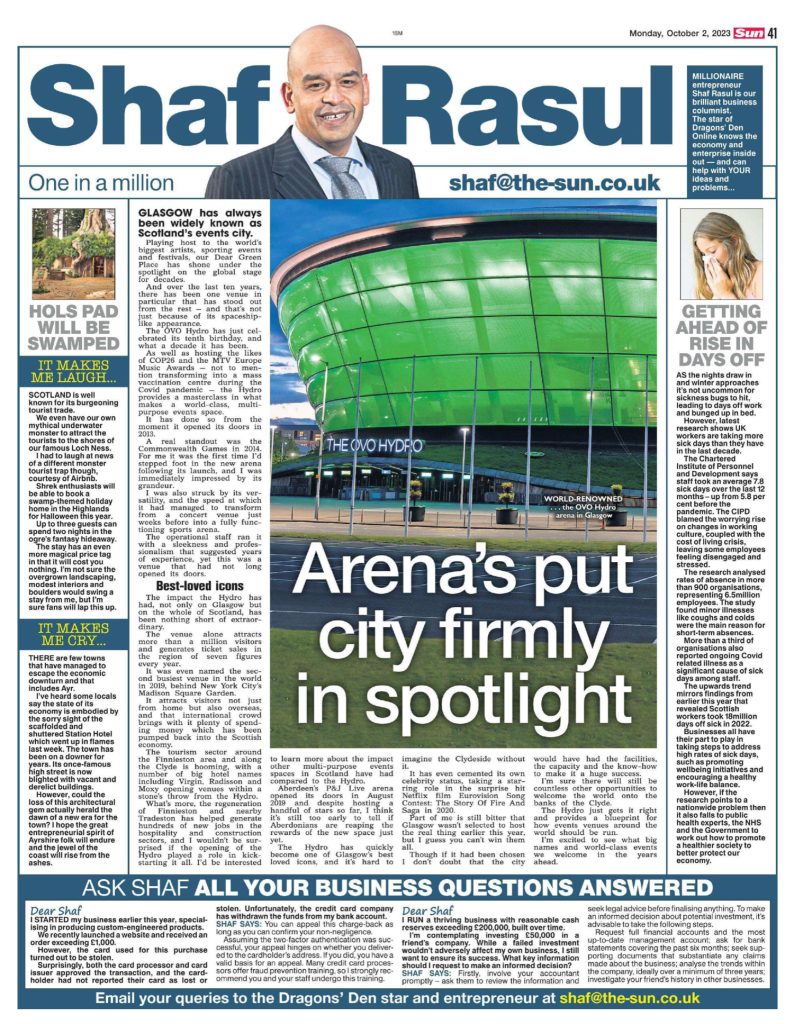 Full-page layout including a main article on the OVO Hydro’s legacy, commentary on UK sick day trends, a humorous AirBnB Shrek-themed listing, and a reflection on Ayr’s economic decline.