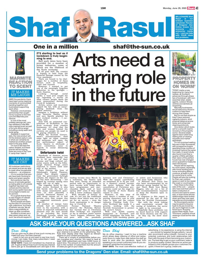 Full newspaper layout of Shaf Rasul’s column on 29 June 2020, including a major piece on theatre funding, a side column on housing demand, and humour and concern sections on consumer products and public parks