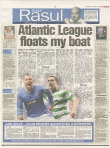Scan of a newspaper column layout featuring Shaf Rasul’s article on the Atlantic League’s potential for Scottish football clubs, with sidebar, photographs, and supporting text.