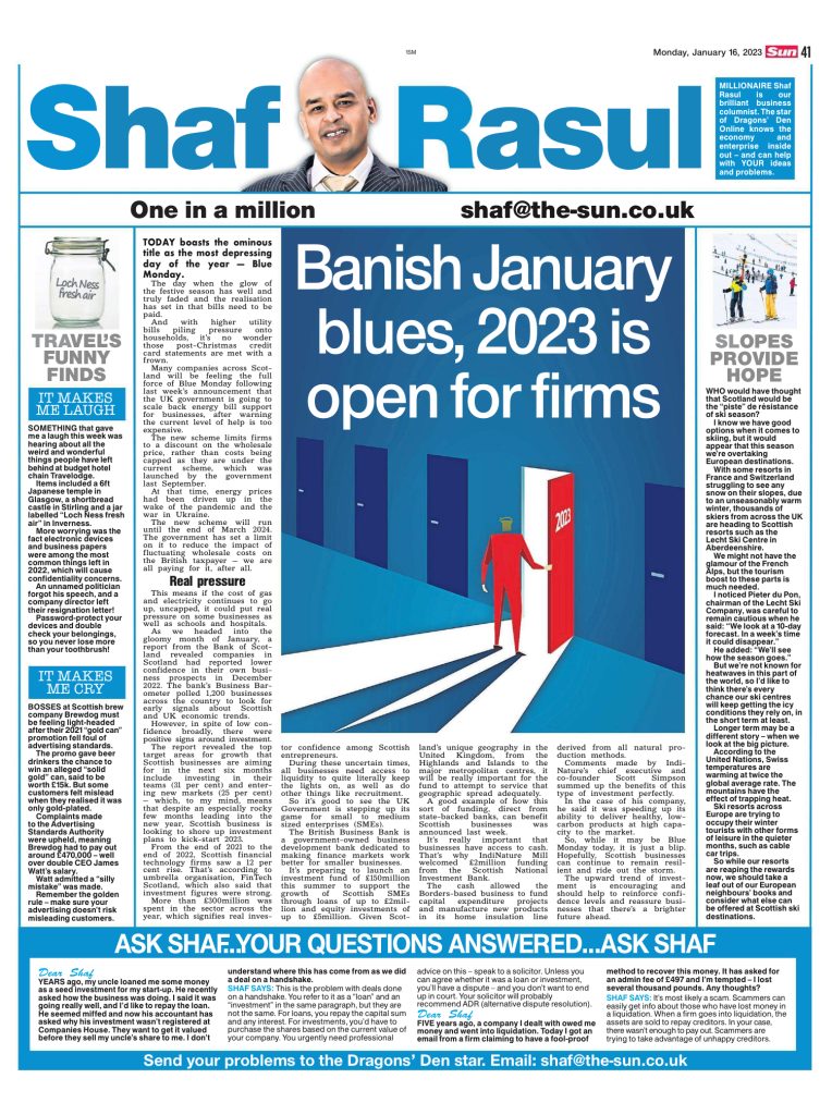 Newspaper column layout discussing energy support cuts, Scottish SME funding, investment optimism, and quirky headlines on travel and advertising.