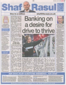 Scan of Shaf Rasul’s column covering Barclays’ initiative in Kilmarnock, youth skills development, women’s football, and social issues in Scotland.