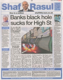 Scan of Shaf Rasul’s column focusing on bank branch closures and community impact, plus updates on Scotland’s tech hubs and rent controls.