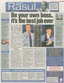 A newspaper scan featuring Shaf Rasul’s column titled “Be Your Own Boss… It’s the Best Job Ever” with sections on start-up loans, youth employment, and small business growth.
