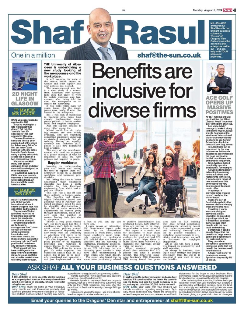 Full-page layout featuring Shaf Rasul’s main column on diversity in business policies, a side focus on local wins during the Open at Royal Troon, and light-hearted and serious commentary sections.