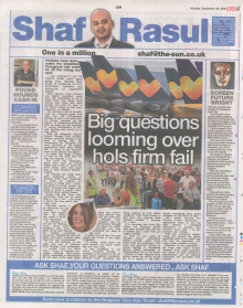 A newspaper column layout featuring the headline “Big questions looming over hols firm fail,” with sections on the Thomas Cook collapse, Scotland’s film industry, a Brexit economic impact report, and a humorous piece about a doghouse fundraiser.