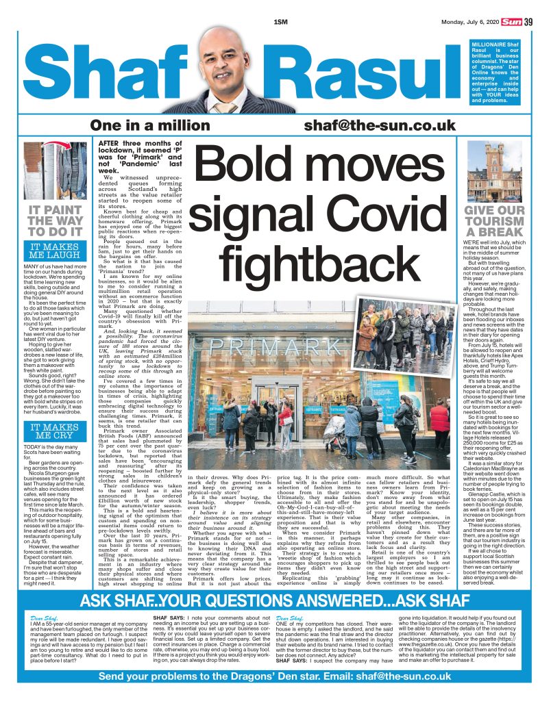 Newspaper page with main story on Primark's strong retail comeback, a side column on Scottish staycation bookings, plus humorous and emotional reflections on DIY disasters and pub reopenings