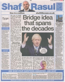 A newspaper column layout featuring the headline “Bridge idea spans the decades...” with sections on Boris Johnson’s proposed bridge, Edinburgh’s new city centre plans, a humorous piece on stationery brand Typo’s arrival in Glasgow, and a serious reflection on Brexit’s impact on small businesses like Isle of Skye Chocolate.