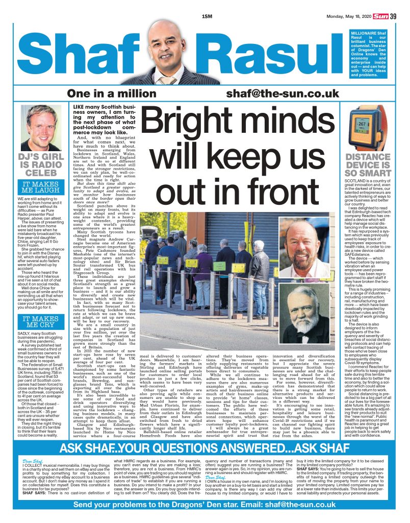 Full-page newspaper layout of Shaf Rasul’s column, featuring commentary on small business innovation, a charity auction, Scottish humour stats, and music venue struggles