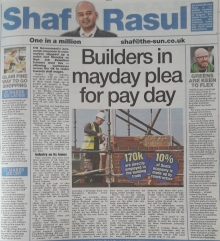 Full-page newspaper column layout with sections: main article on construction industry financial crisis, a laugh section on dressing up for supermarket trips, a weep section on NHS frontline struggles, and a side piece on working from home’s impact on office life.