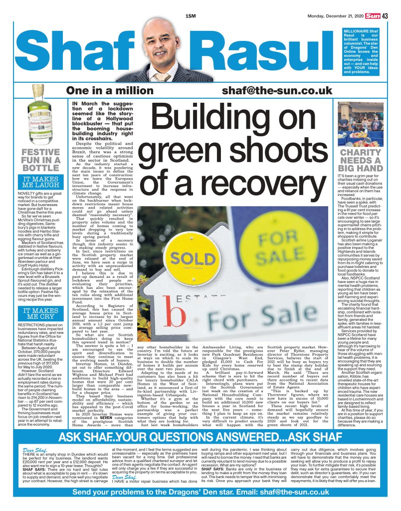 Newspaper layout discussing post-lockdown housing surge and innovation in Scottish property, alongside commentary on charity resilience, novelty festive foods, and rising redundancies.