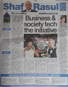 A full-page newspaper scan featuring Shaf Rasul’s column with sections on the Scottish tech sector, government funding issues, community initiatives, and funeral services innovations.