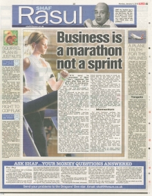 A newspaper scan featuring Shaf Rasul’s column titled “Business is a Marathon Not a Sprint” with sections on New Year’s resolutions, business planning, and parallels between fitness and entrepreneurship.