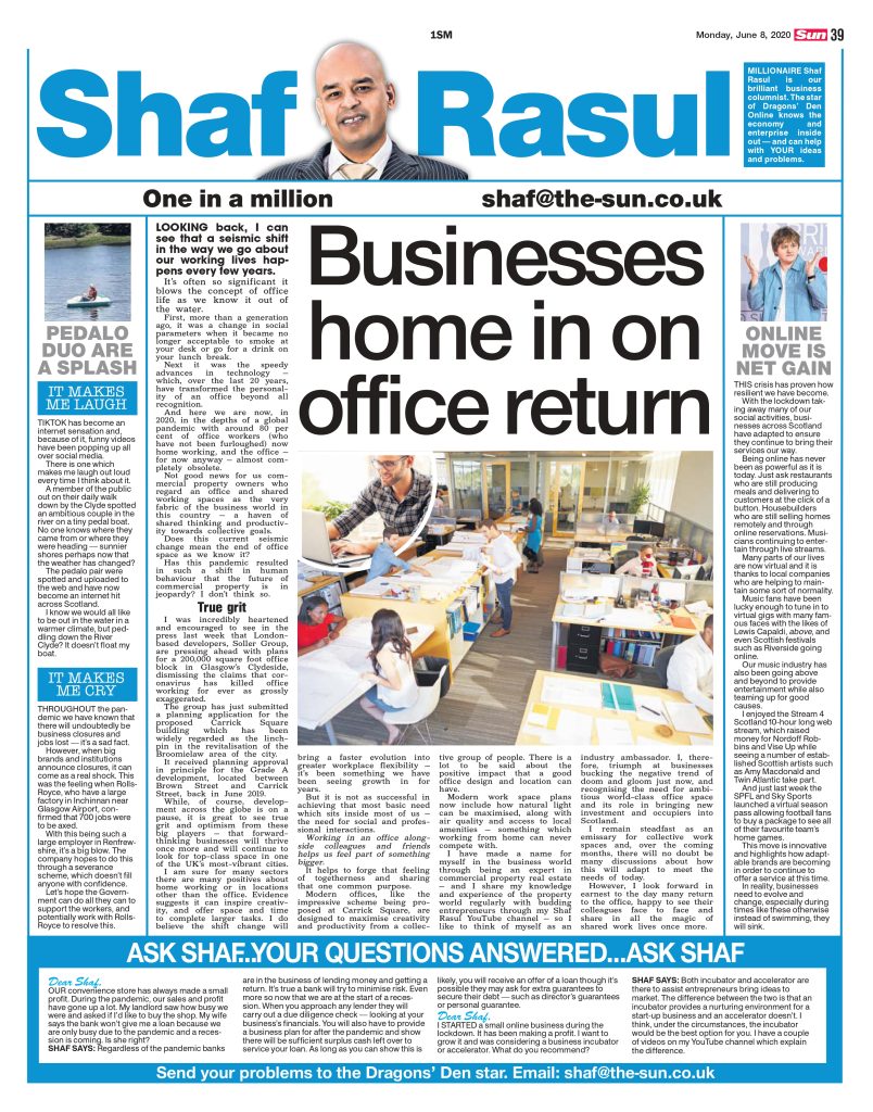 Newspaper scan of Shaf Rasul’s Scottish Sun column, with a large main article on the return to office life, and supporting sections on virtual entertainment, pedalo humour, and job losses at Rolls Royce.