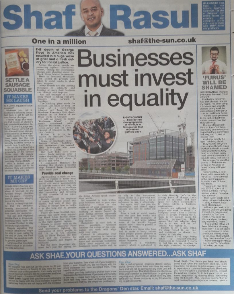 Full-page layout of Shaf Rasul’s 15 June 2020 column, featuring commentary on equality in business, a campaign against fake ecommerce gurus, a crisp flavour launch, and zoo closure fears