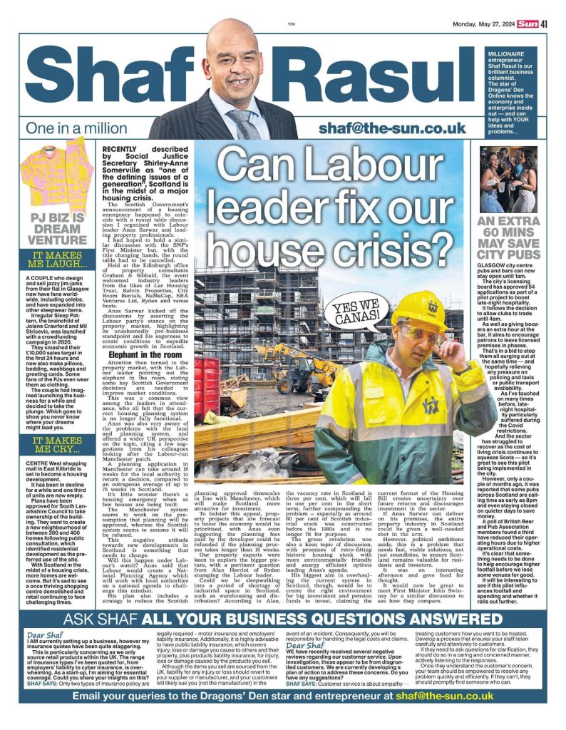 Full-page column layout featuring the main article on Scotland’s housing crisis, a sidebar on Glasgow’s new pub licensing hours, a quirky segment on pyjama entrepreneurs, and a sad note on East Kilbride’s shopping centre conversion.