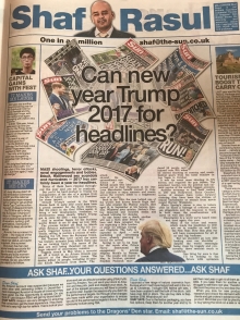 A full-page newspaper scan featuring Shaf Rasul’s column on the biggest headlines of 2017, plus stories on Scotland’s Year of History, the Edinburgh Fringe, and sports disappointments.