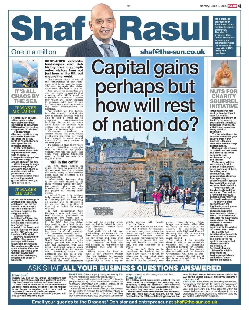 Full-page layout featuring a lead article on the proposed Scottish tourist tax, a sidebar on red squirrel conservation’s eco-tourism value, a humorous look at aggressive seagulls, and concern over Harland & Wolff’s Scottish shipyards.