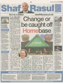 Scan of Shaf Rasul’s Scottish Sun column on Homebase closures and high street retail challenges.