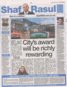 A newspaper column layout featuring the headline “City award will be richly rewarding,” with sections on Glasgow’s cultural victory, workplace relationships, shared parental leave progress, and sustainable business innovation.