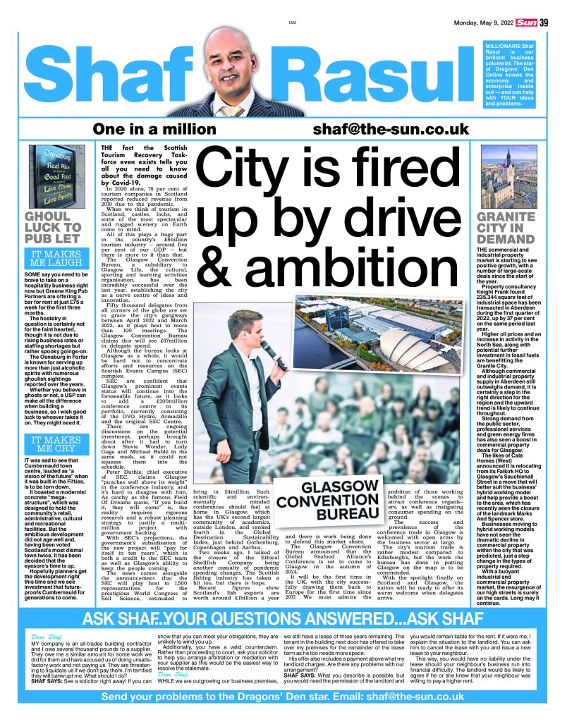 Full-page newspaper scan of Shaf Rasul’s column highlighting Glasgow’s conference boom, industrial property rebound, haunted pub lease, and the demolition of Cumbernauld’s controversial town centre.