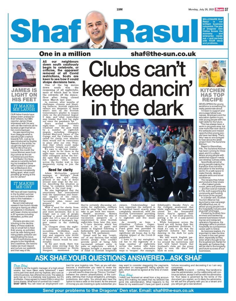 Newspaper page with Shaf Rasul’s column discussing nightclub reopening delays in Scotland, youth workforce initiatives, and light-hearted and environmental stories.