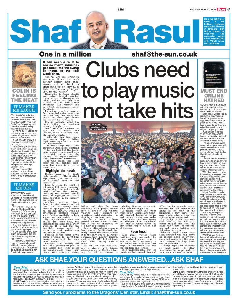 Newspaper page featuring a column on Scotland’s night-time economy crisis, social media responsibility, shop closures, and a lighthearted tale of deep-fried Colin the Caterpillar.
