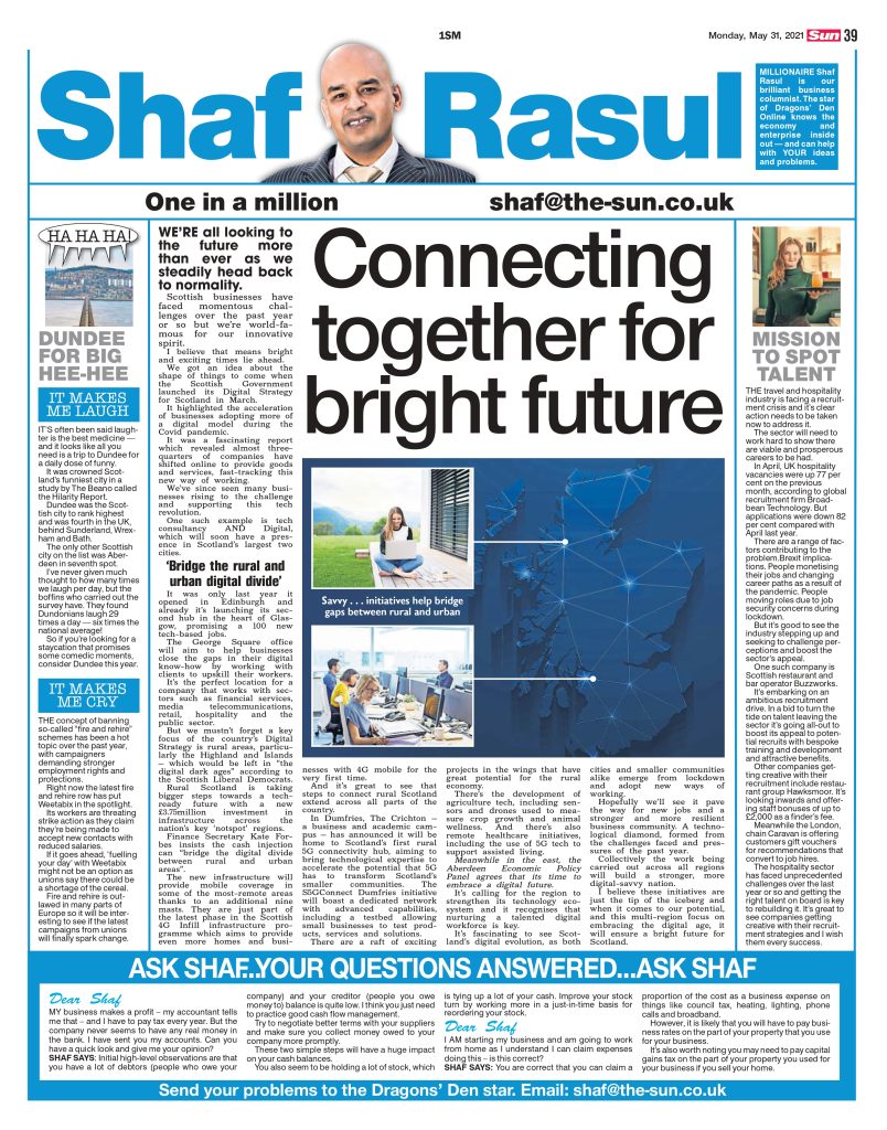 Full-page scan of Shaf Rasul’s 31 May 2021 column from The Scottish Sun featuring digital investment stories, a hospitality staffing crisis, Dundee’s laughter levels, and Weetabix controversy.