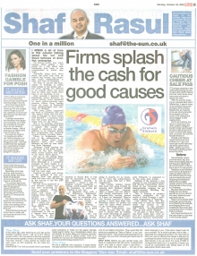 A newspaper scan featuring Shaf Rasul’s column titled “Corporate Social Responsibility is Alive and Well in Scotland,” highlighting corporate philanthropy and community support by Scottish businesses.