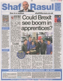 Scan of Shaf Rasul’s column on apprenticeships, Brexit, and the Scottish economy.