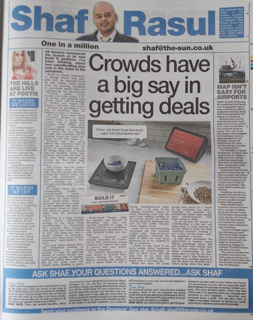 Full-page newspaper layout with a main article on crowdfunding and Scottish business innovation, a sidebar on lockdown exit clarity, and short “It Made Me Laugh” and “It Made Me Weep” sections