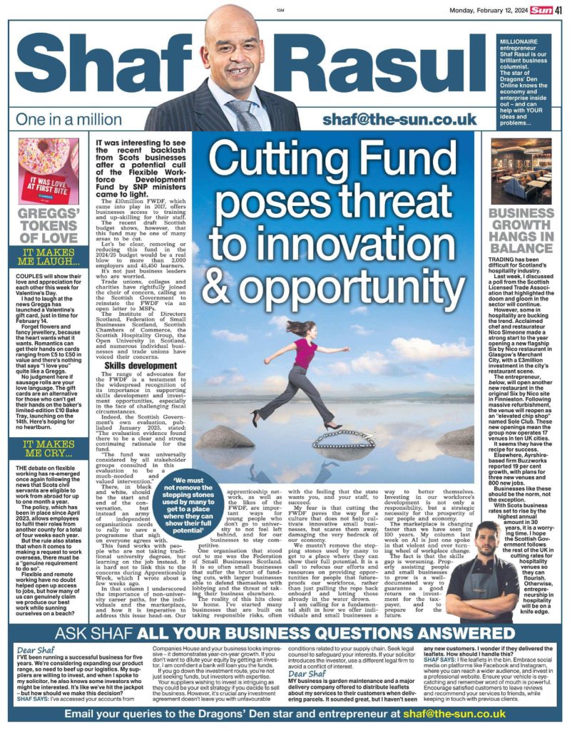 Newspaper column layout including editorial on Scottish budget cuts to workforce funding, sidebar on hospitality success stories, humorous Valentine’s Day fast food idea, and a sobering view on flexible working policies.