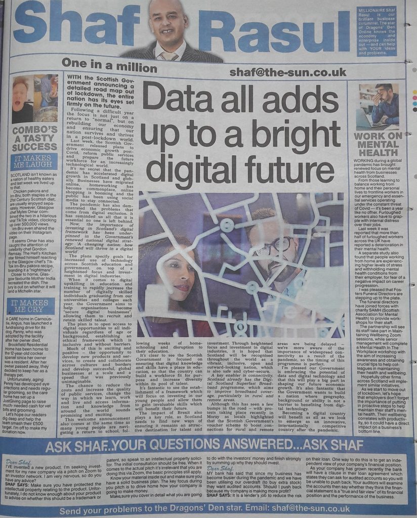 Newspaper page with a lead article on Scotland’s digital strategy, a sidebar about workplace mental health initiatives, and short Laugh and Weep sections featuring viral food trends and a care home fundraiser
