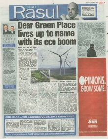 A newspaper scan featuring Shaf Rasul’s column titled “Dear Green Place Lives Up to Name with Its Eco Boom” with sections on Glasgow’s Green Capital bid, renewable energy, and local economic development.