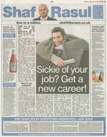A newspaper page featuring the main column on National Sickie Day and career change, side notes on house prices and travel costs, plus humorous and serious reflections on relationships and ketchup storage.