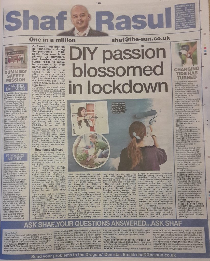 Full-page column layout featuring a lead article on the rise of DIY and garden projects during lockdown, with sidebar on green energy innovation, and Laugh/Weep sections covering road safety mannequins and pandemic tributes