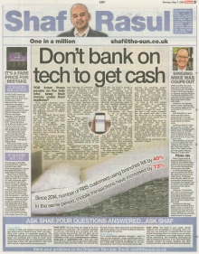 A newspaper scan featuring Shaf Rasul’s column on banking issues in Scotland, including branch closures, TSB’s IT crisis, and the potential impact on customers.