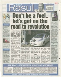 A newspaper scan featuring Shaf Rasul’s column titled “Don’t Be a Fuel… Let’s Get on the Road to Revolution” with sections on electric cars, petrol prices, and the future of transportation.