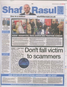 A newspaper column layout featuring the headline “Don’t Fall Victim To Property Investment Scammers,” with sections on property scams, creative advent calendars, humorous observations on Ralph Lauren, and a funeral directors’ plea to collect ashes.