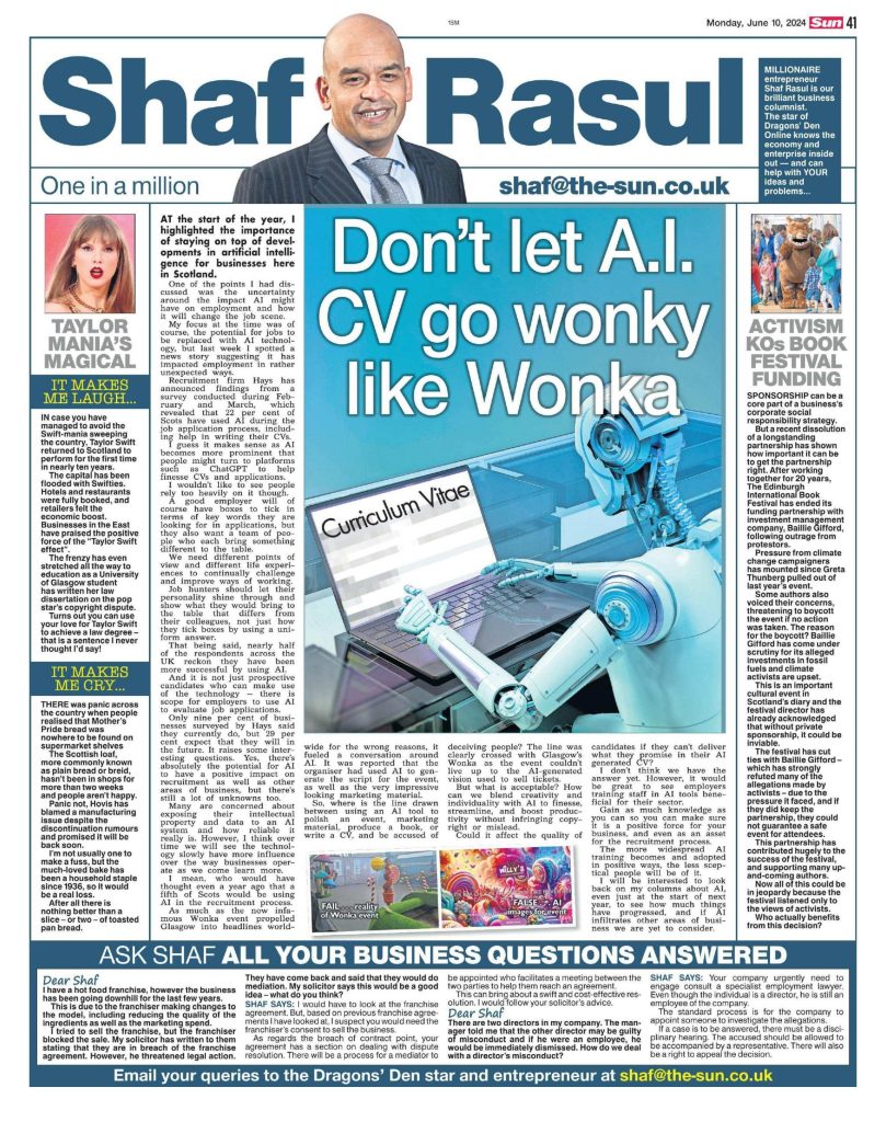 Full-page newspaper layout featuring main article on AI’s role in job applications and Glasgow’s AI-generated Wonka event, a sidebar on book festival sponsorship controversy, a laugh about Taylor Swift's fan economy, and a nostalgic weep on a Scottish bread shortage.