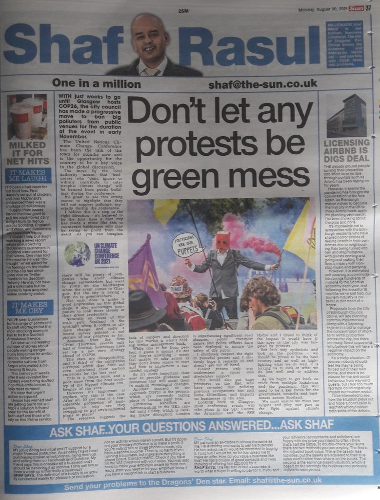 Full-page layout of Shaf Rasul’s column with COP26 commentary, Airbnb debates in Edinburgh, McDonald's milkshake shortages, and ambulance service staffing issues.