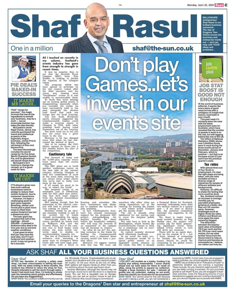 Newspaper layout featuring the main article on the SEC expansion, a sidebar on Scottish employment stats, a humorous bit on a Scotch Pie recipe’s legacy, and an environmental setback involving Brewdog.