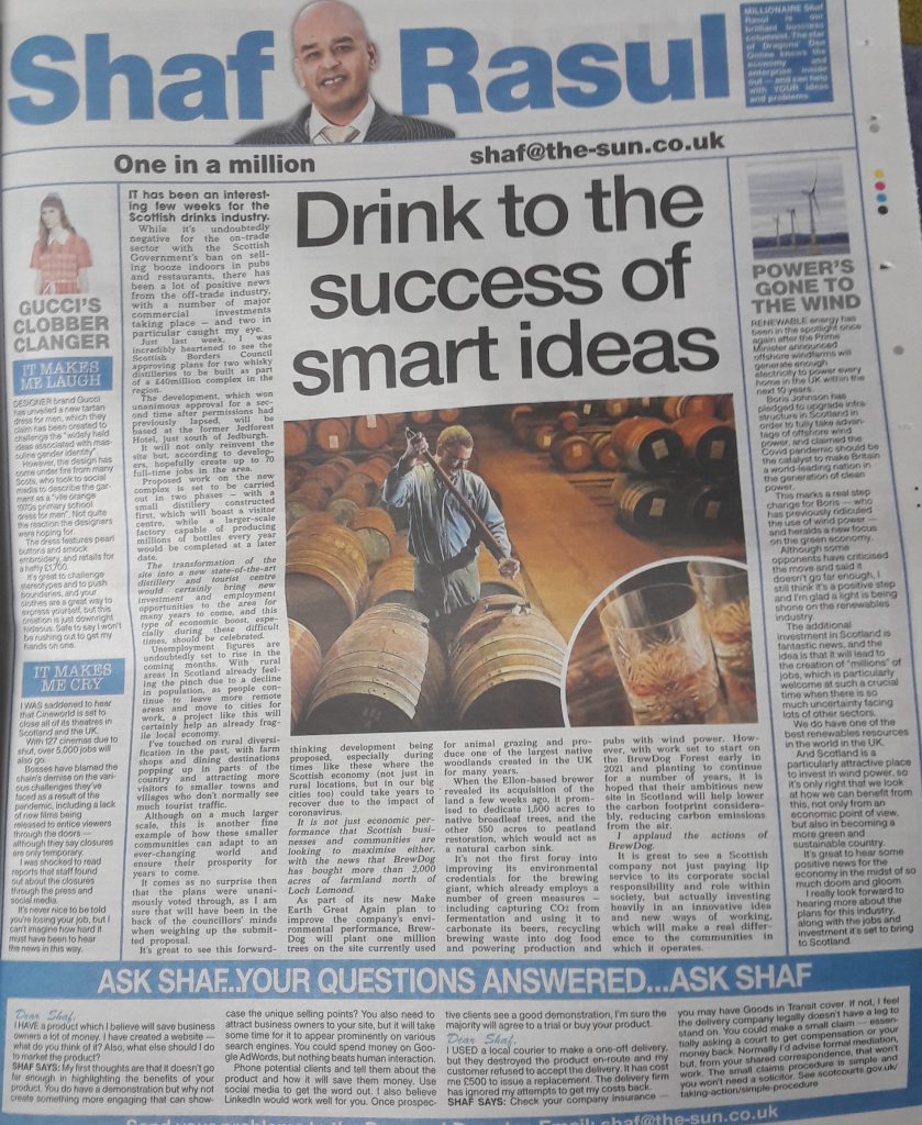 A newspaper-style column layout with features on distillery investment, renewable wind power jobs, Gucci’s gender-challenging dress, and Cineworld’s nationwide closures.
