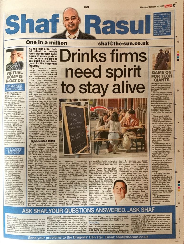 Print column format discussing challenges for the drink sector, digital tech launches, porridge puns, and rising UK unemployment.