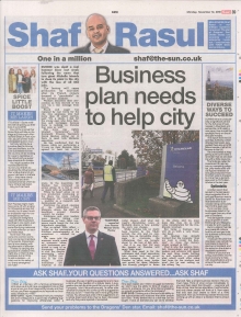 Scan of Shaf Rasul’s Scottish Sun column on Dundee’s Michelin factory closure and local economic efforts.