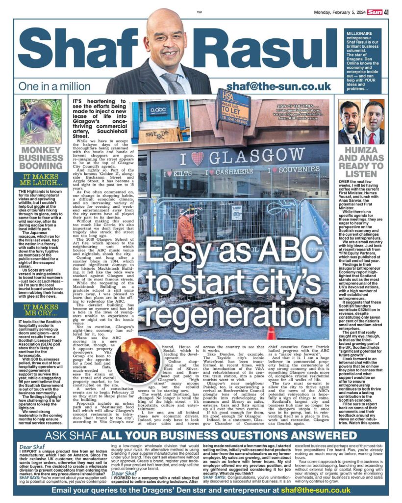 Newspaper layout with central editorial about Glasgow regeneration, political sidebar, a light-hearted Highland monkey escape, and commentary on hospitality industry struggles.