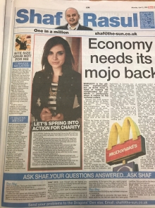 A full-page newspaper scan featuring Shaf Rasul’s column on Scotland’s economy, plus sections on Marie Curie’s charity campaign, a viral tiny cookery trend, and the aftermath of a Glasgow fire.